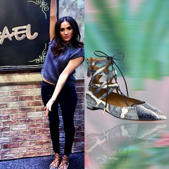 Aquazzura ‘Belgravia’ Two-Tone Snakeskin Ankle-Tie Flats Size 9 ASO Meghan - Picture 1 of 16